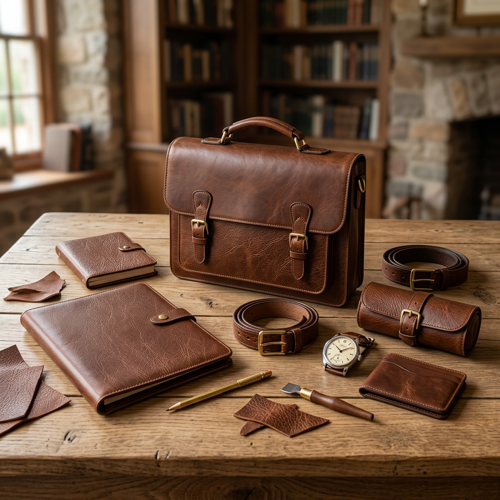 Brown leather briefcase, belts, notebook, watch, wallet, and tool laid out on a wooden table